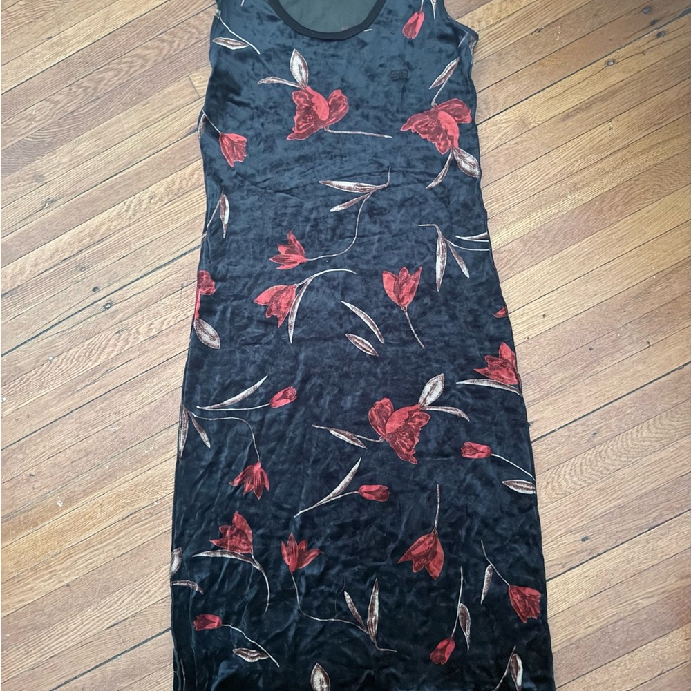 Vintage Sonia Rykiel Black Floral Velvet Dress with Red Flowers